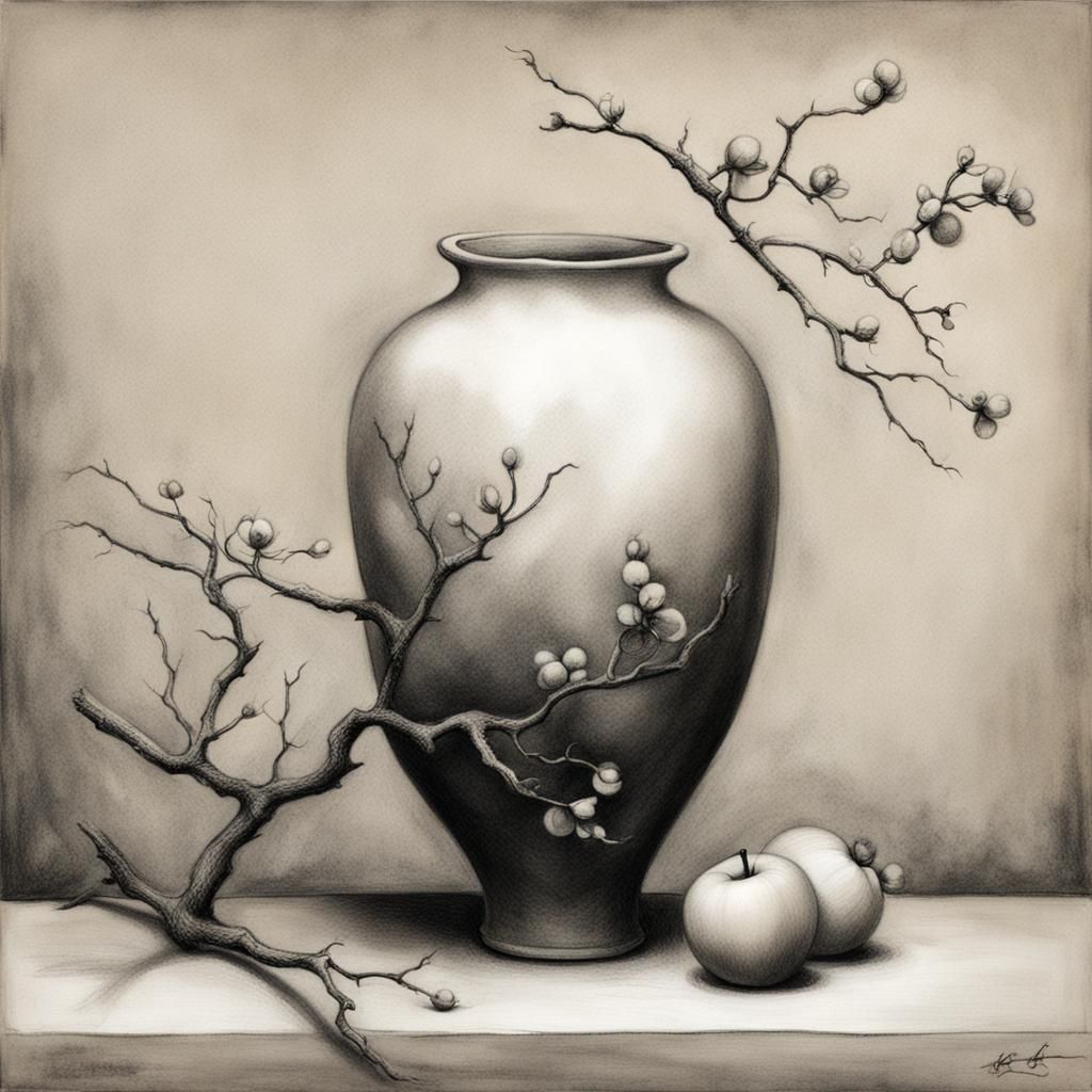 Winter Ikebana: Apple Branch Charcoal Drawing