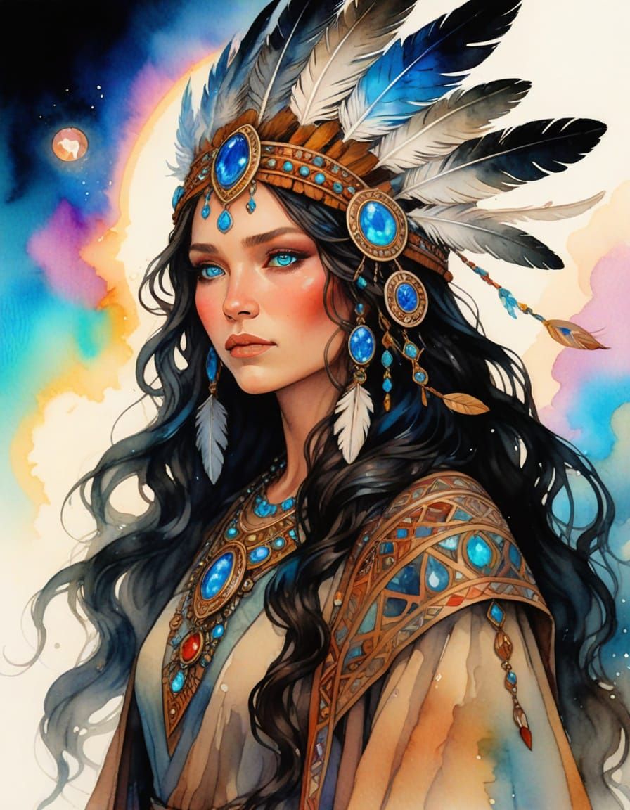 Mysterious Female Shaman Portrait in Watercolor and Ink