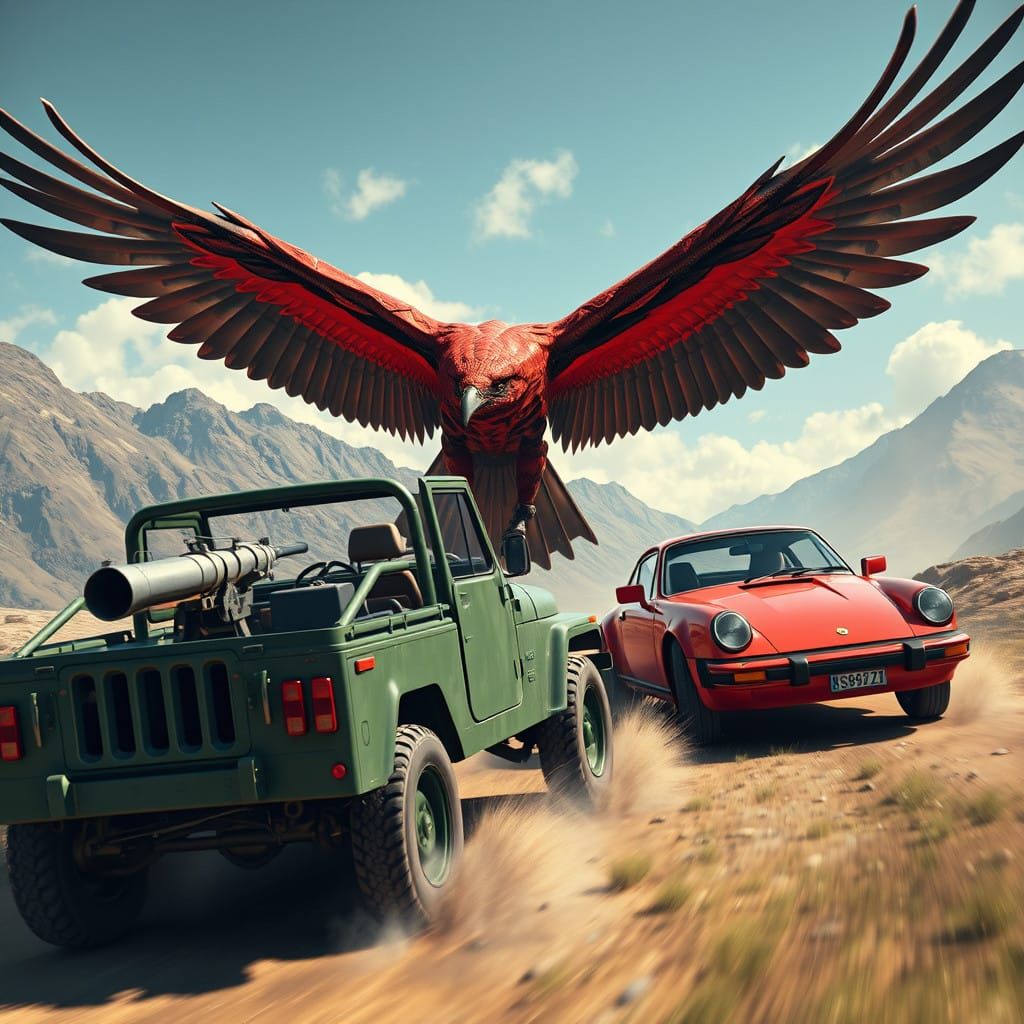 Gritty 1980s Desert Battle: Military Jeep and Porsche vs. Ro...