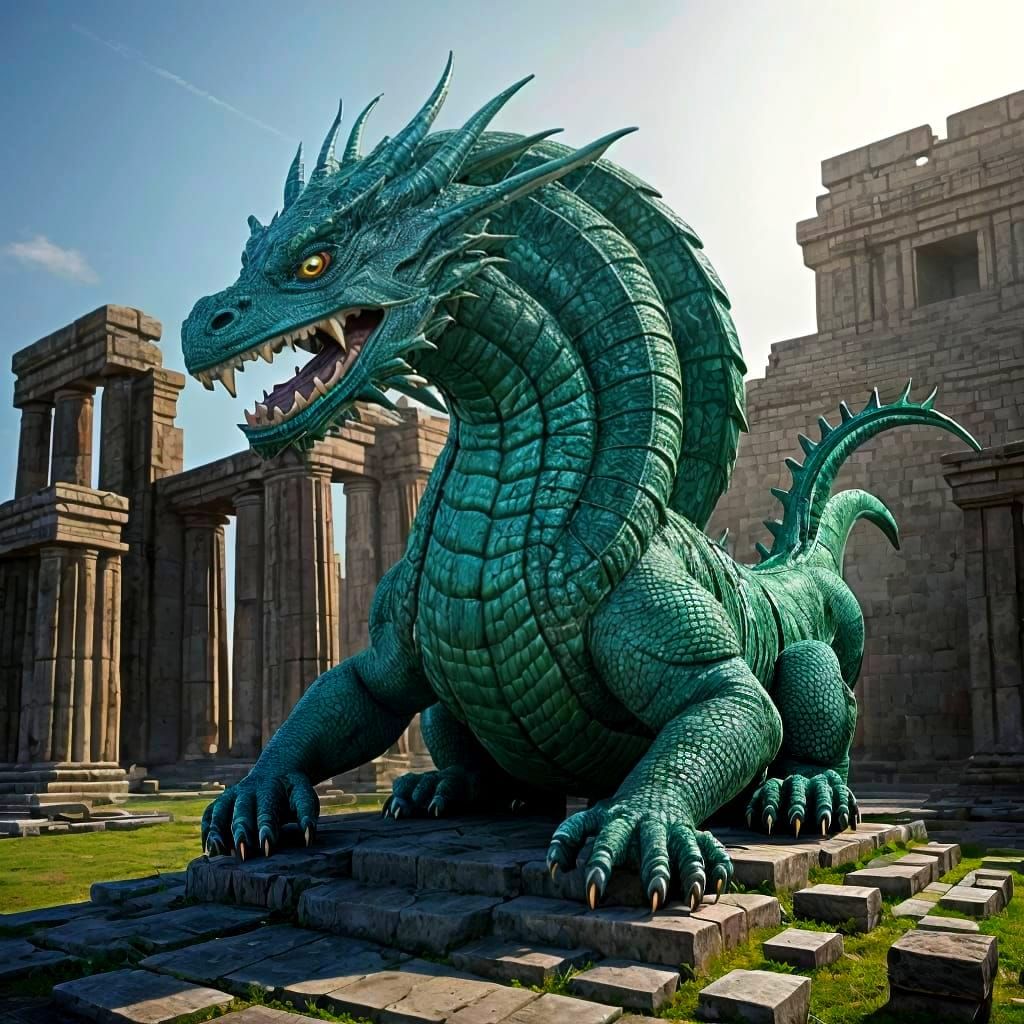 Ethereal Dragon Statue in Malachite Coiled Around Ancient Zi...