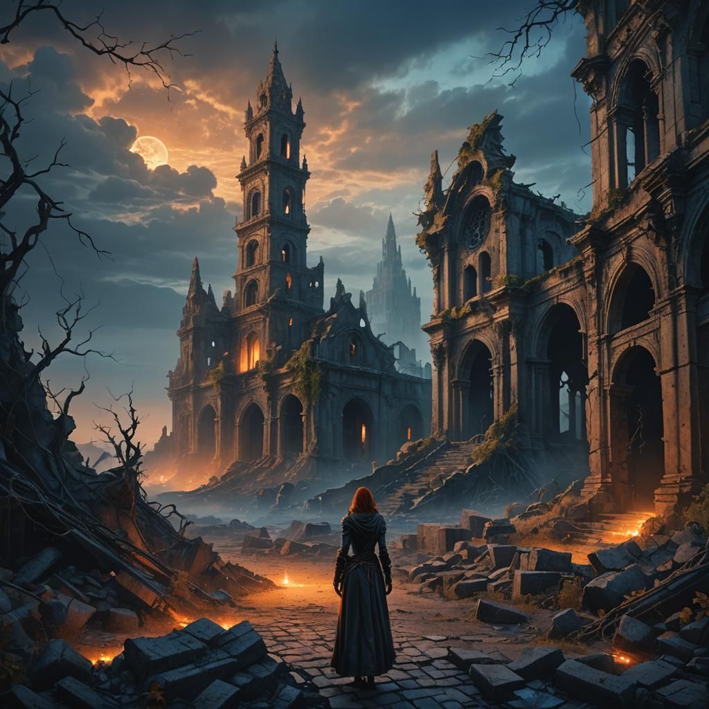 Mysterious Woman in Ruined City: Dark Fantasy Art