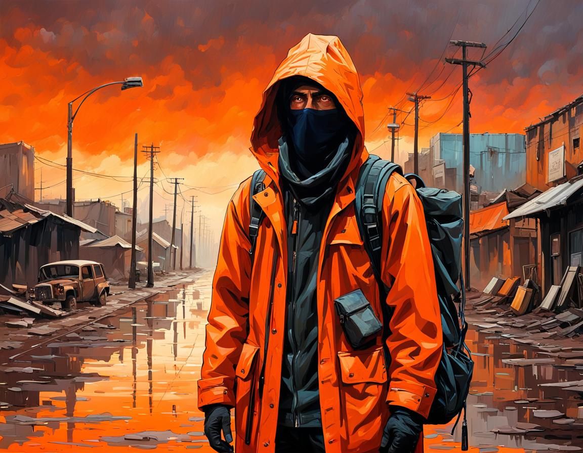 Post-Apocalyptic Drifter in Ruined City, Impressionist Style