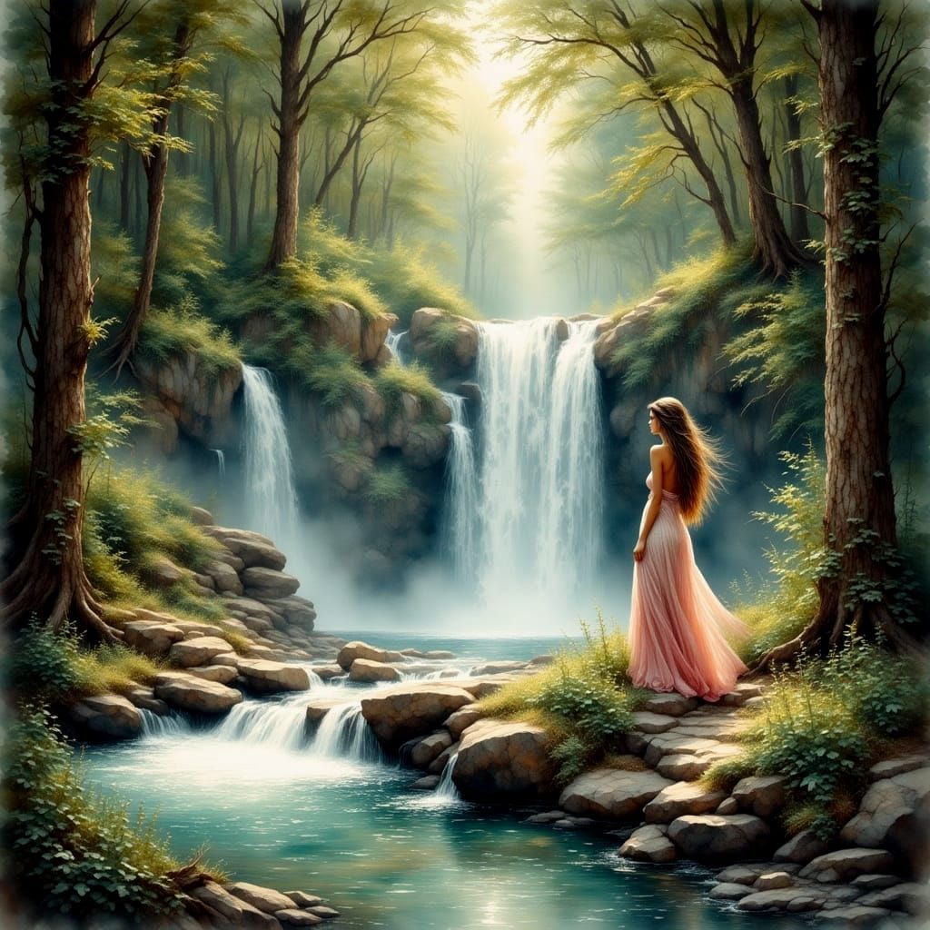 Woman by Waterfall in Antique Watercolor Style