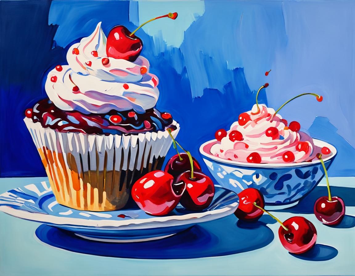 Cherry Dessert Still Life in Gouache Style