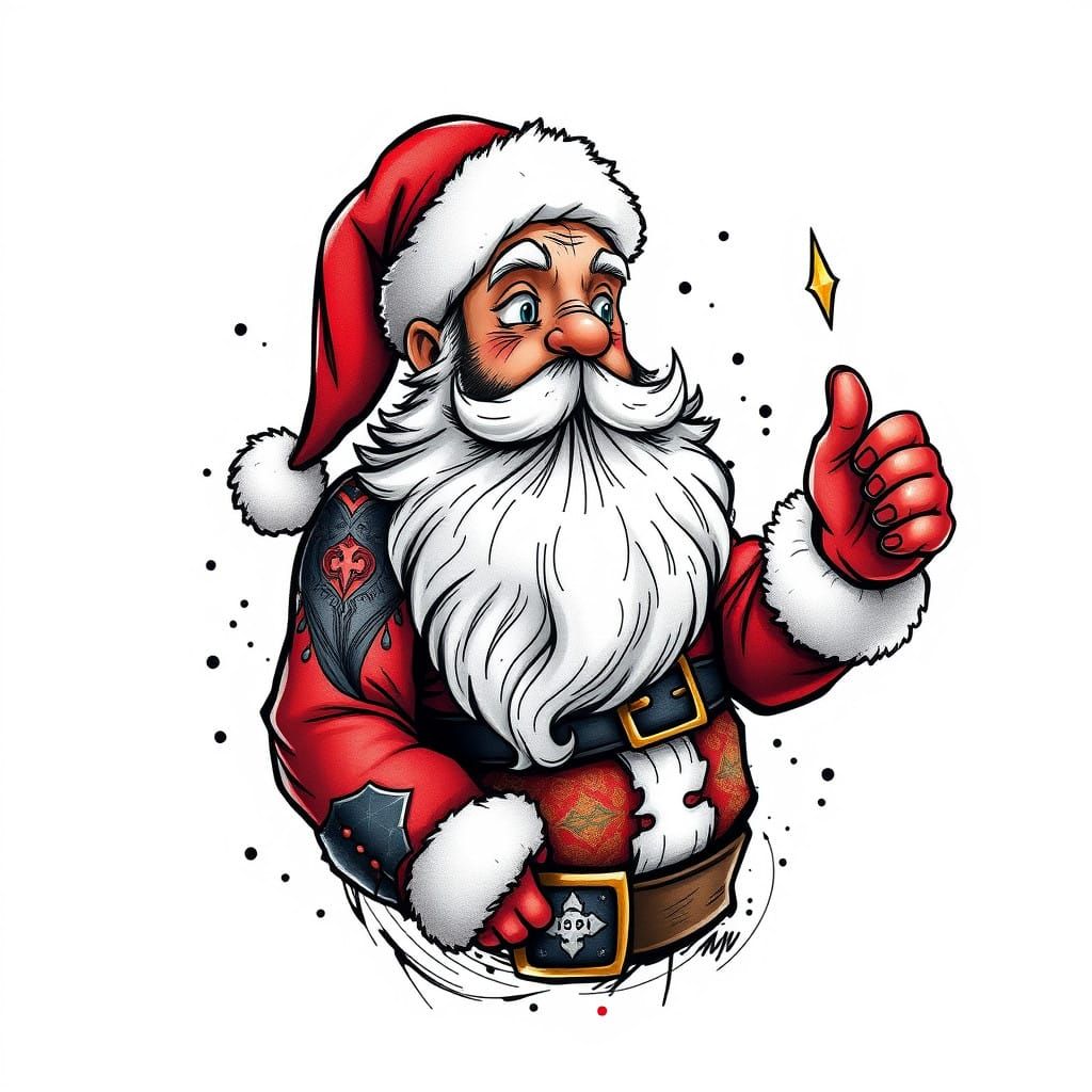 Vibrant Cartoon Santa Claus Tattoo in Intricate Crosshatch S...