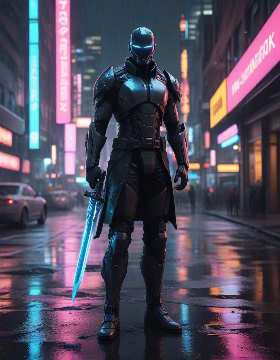 Glowing Cybernetic Warrior Battles in a Neon-Drenched Dystop...