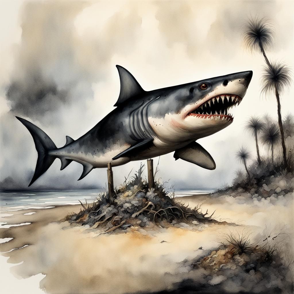 Decaying Shark on Island: Watercolor Masterpiece