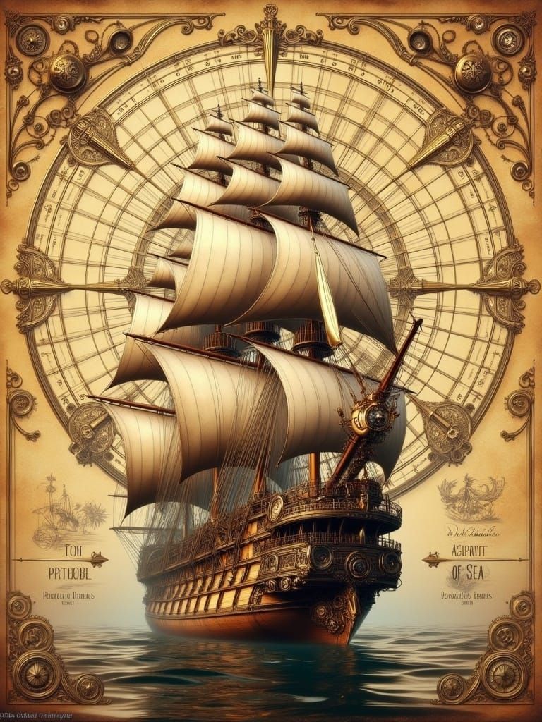 Elegant Steampunk Tall Ship Amidst Vintage Nautical Maps