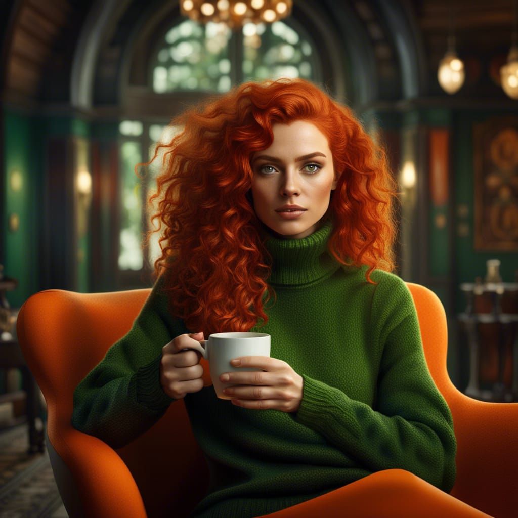 beautiful young woman with curly auburn hair and green eyes....