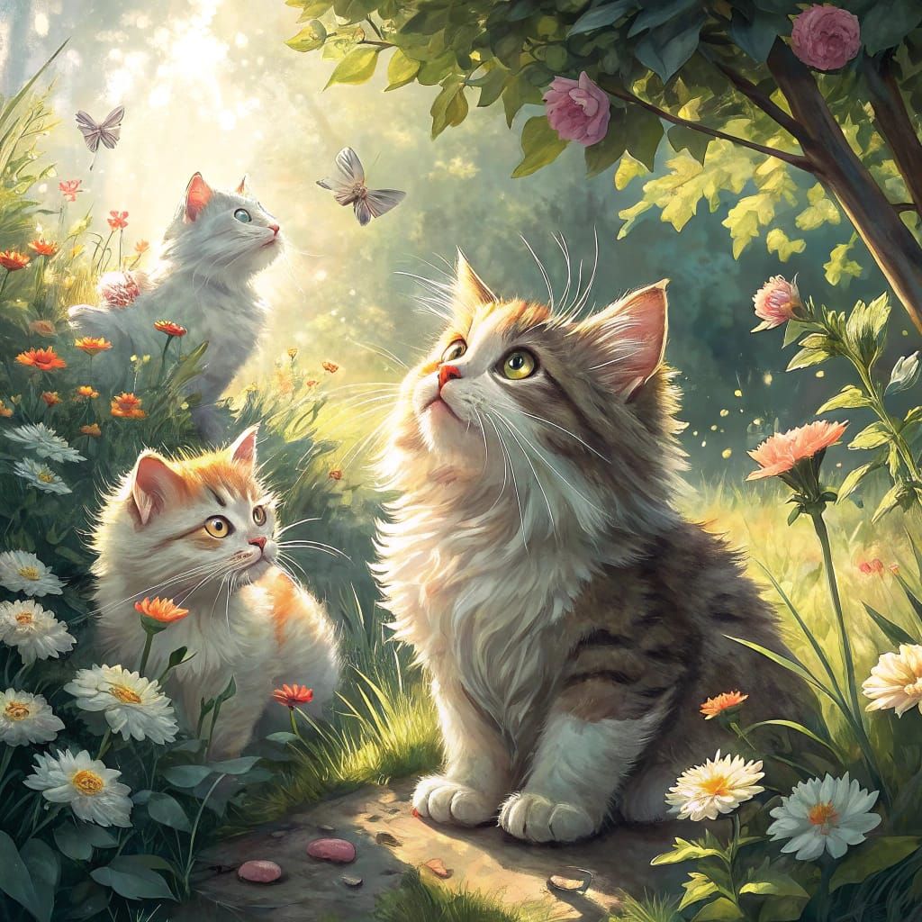 Whimsical Cats in a Lush Garden Scene