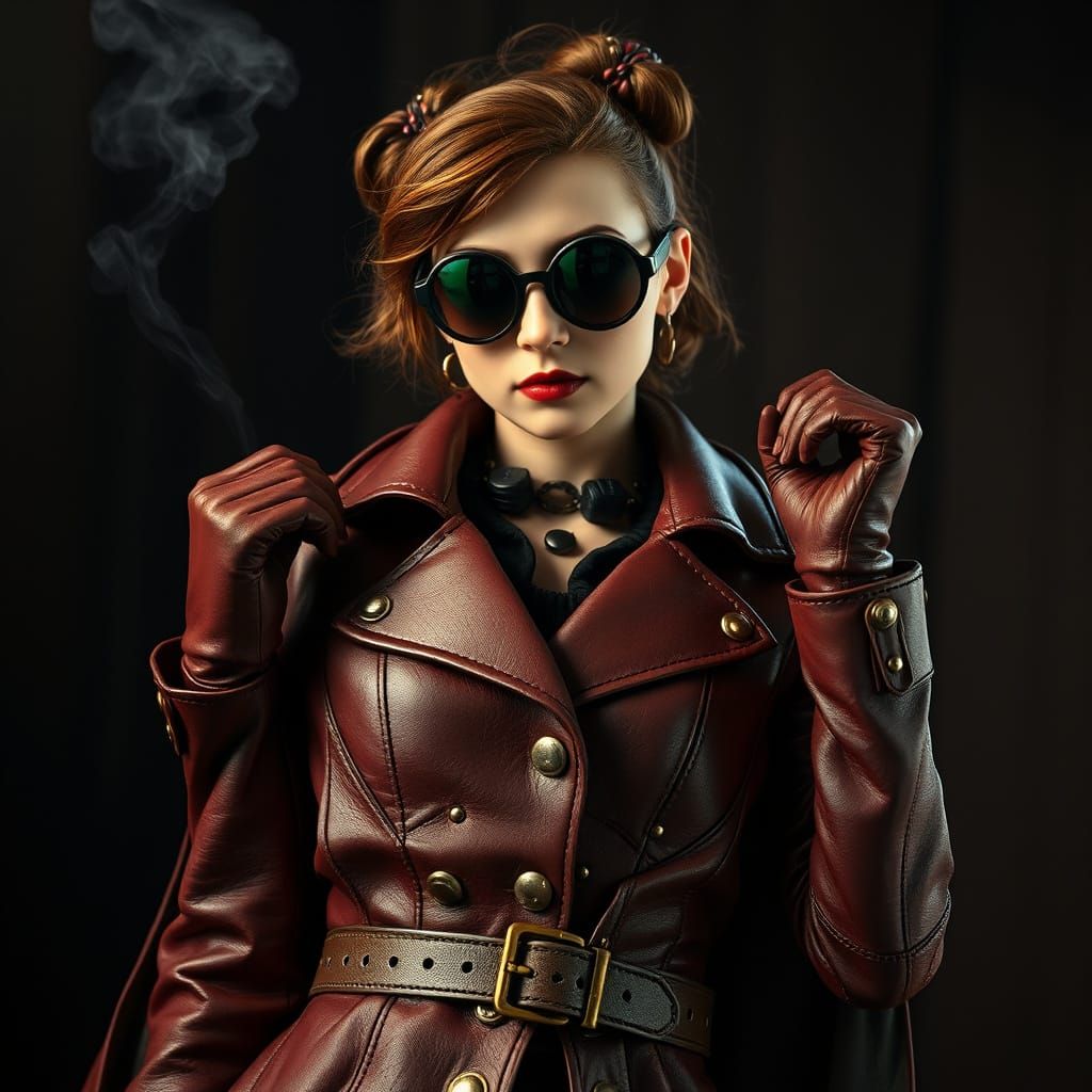 Steampunk Girl in Elegant Brown Leather Coat with Deep Red A...