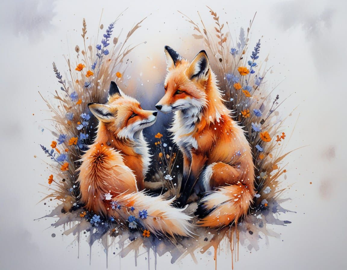 Warm Foxes Beside Frosted Wildflowers in Snowy Landscape