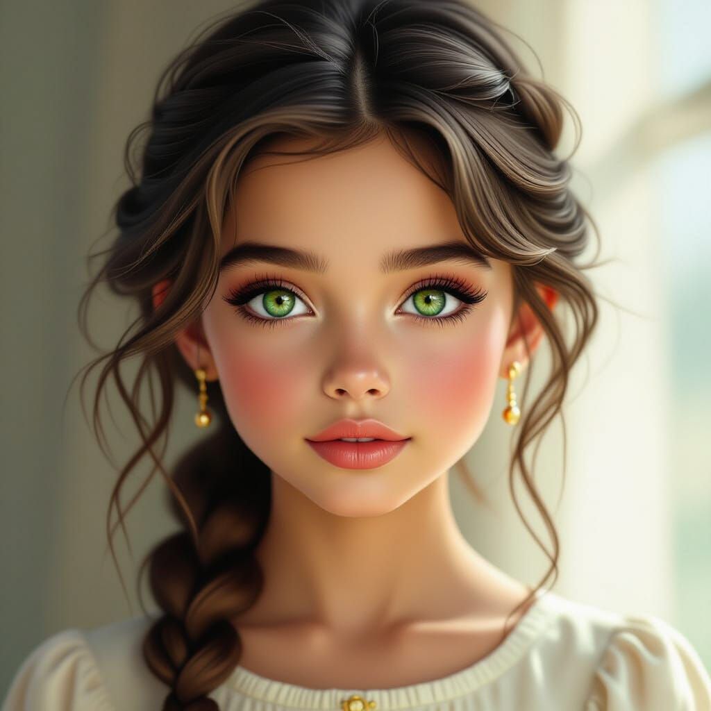 Hyperrealistic Portrait of Girl with Green Eyes