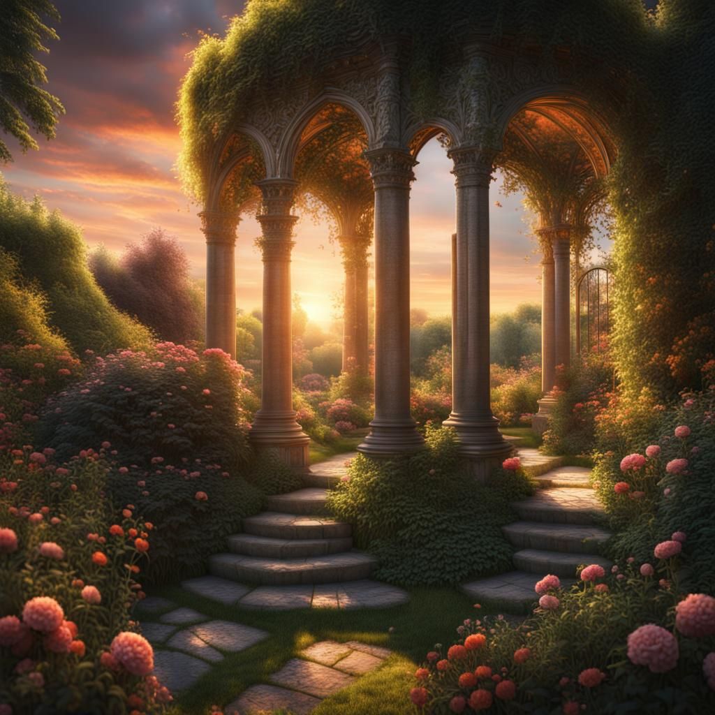English Secret Garden at Sunset: Digital Matte Painting