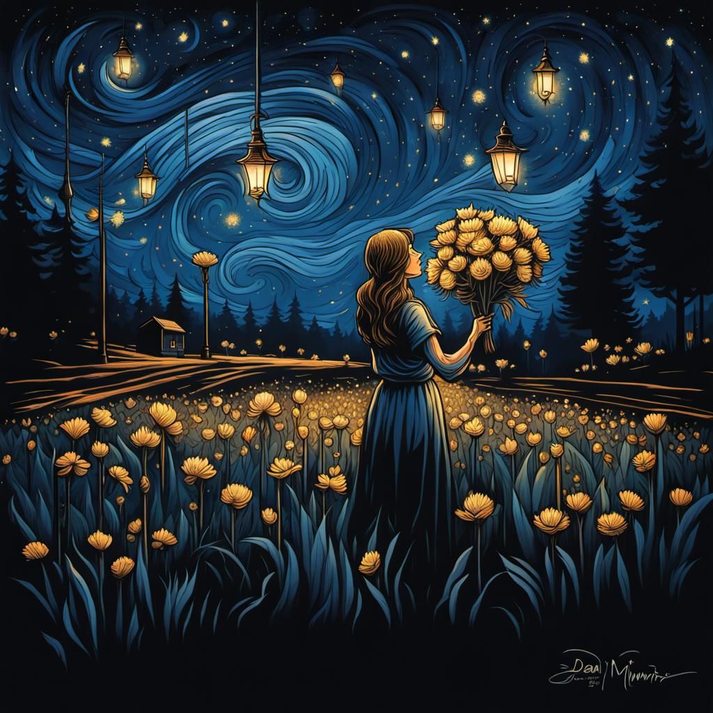 Girl with Flowers: Line Art Meets Starry Night