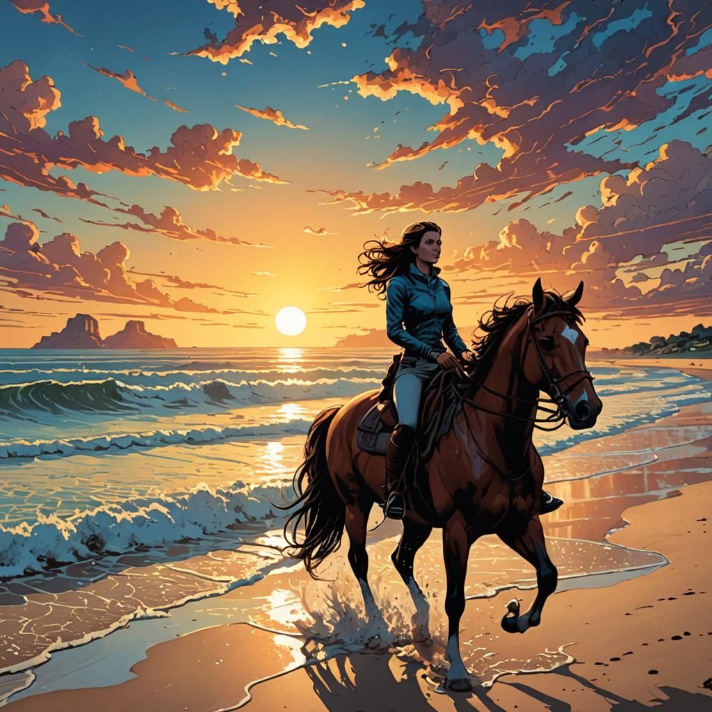 Girl Riding Horse at Sunrise in Comic Book Art