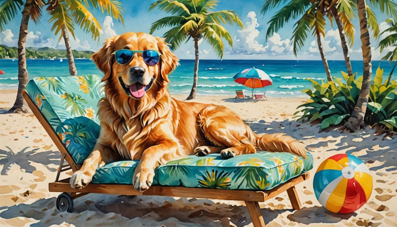 Golden Retriever on Tropical Beach Watercolor