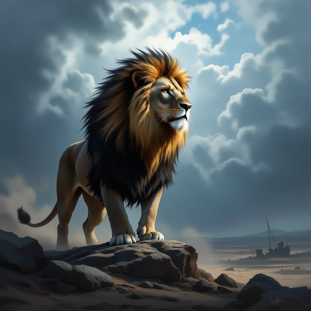 Majestic Lion on Rocky Outcrop as Stormy Sky Mane