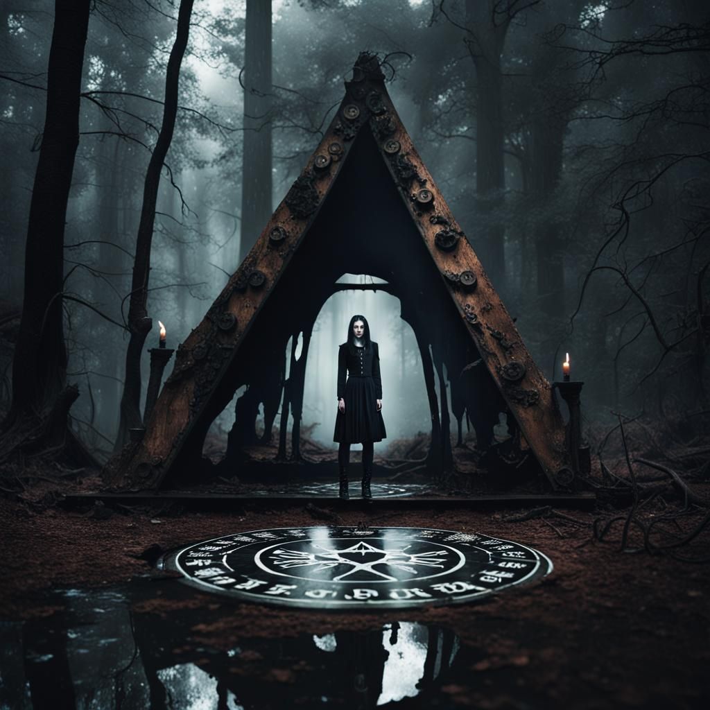 Gothic Model in Dark Fantasy Forest with Ouija Board