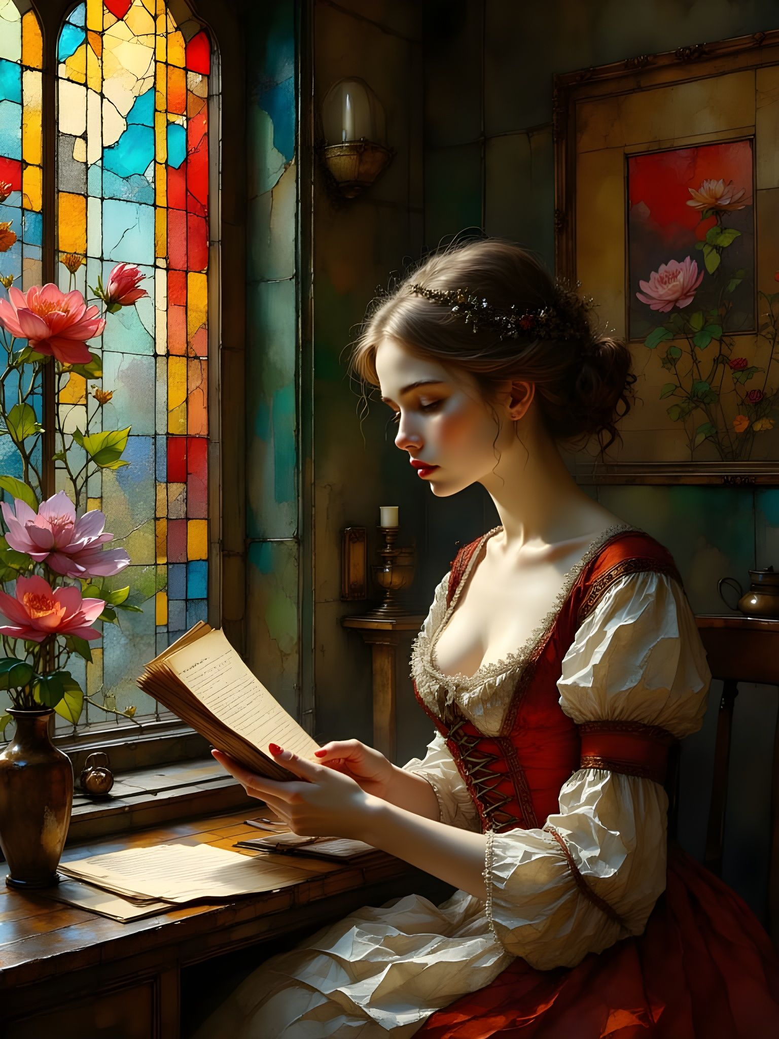 Woman Reading Letter by Stained Glass, Vermeer Style