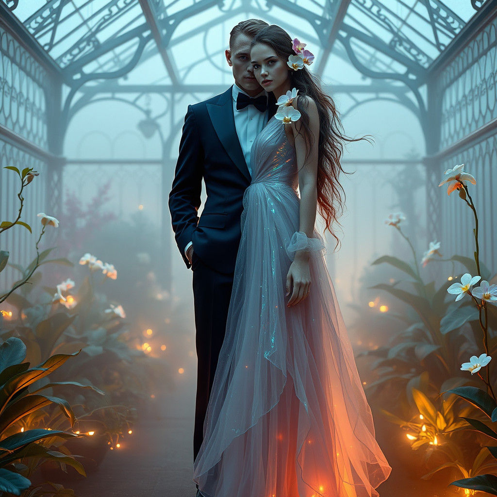 Androgynous Figure in Art Nouveau Greenhouse