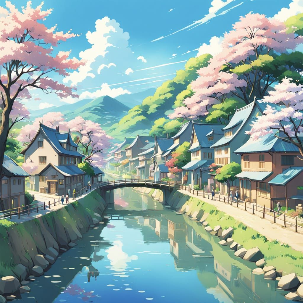 Quaint Anime Village Basks in Cherry Blossom Glory