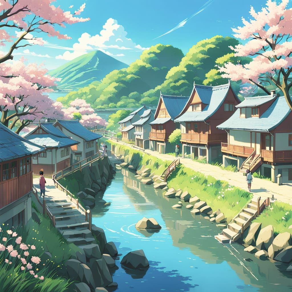 Idyllic Anime Village Under Cherry Blossoms