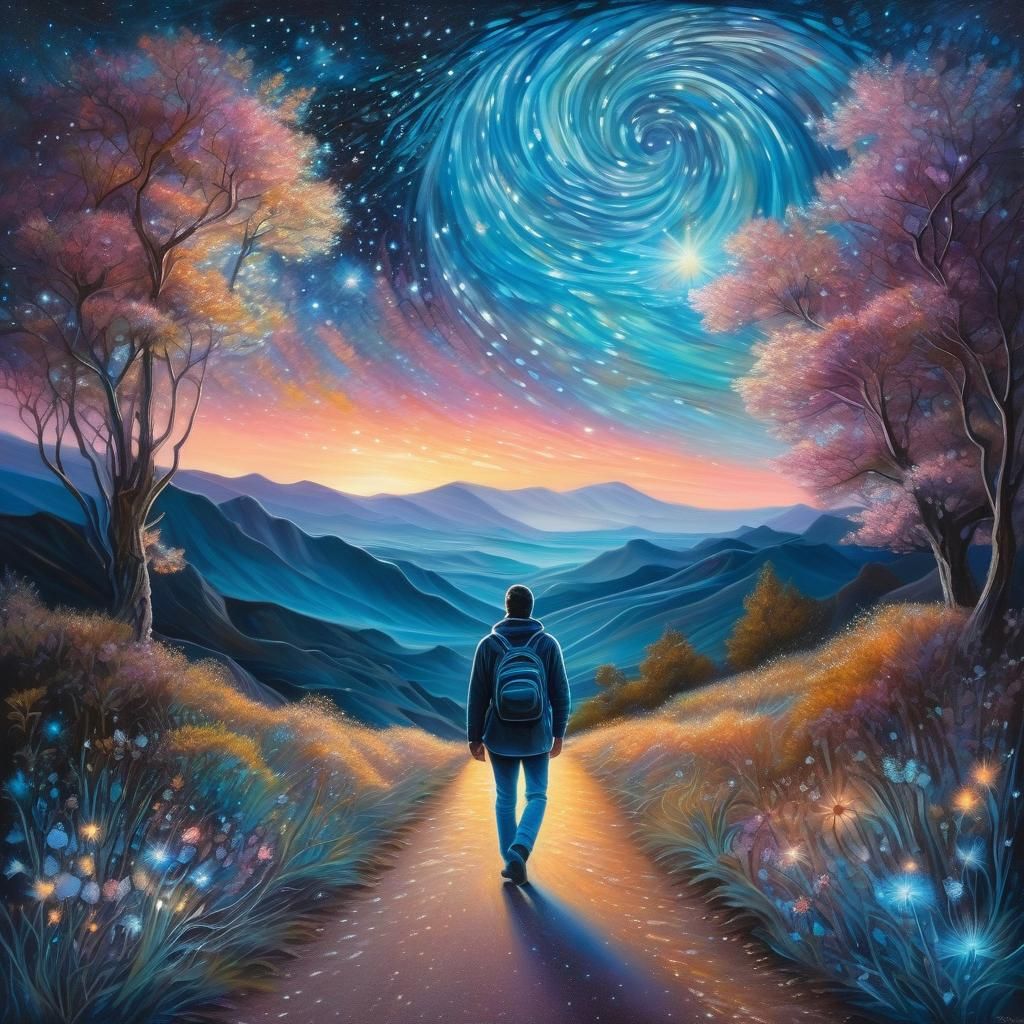 Wanderer's Dreamy Road in Bioluminescent Magical World