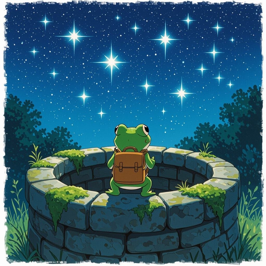 Frog Gazing at Starry Night Sky, Animated Fantasy Art