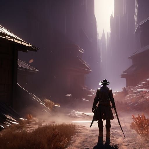 Western Desert Cowboy in Dark Fantasy Cyberpunk Style