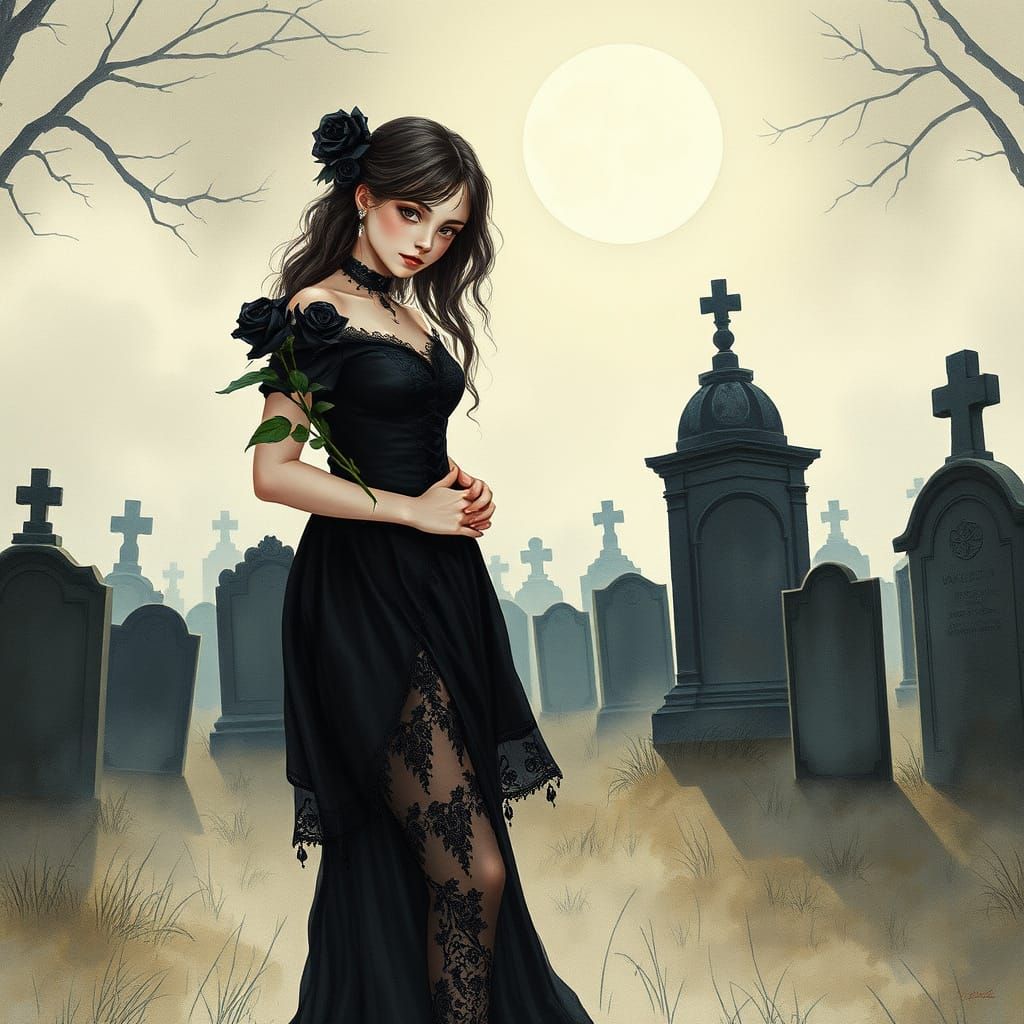 Gothic Woman in Graveyard: Watercolor Illustration