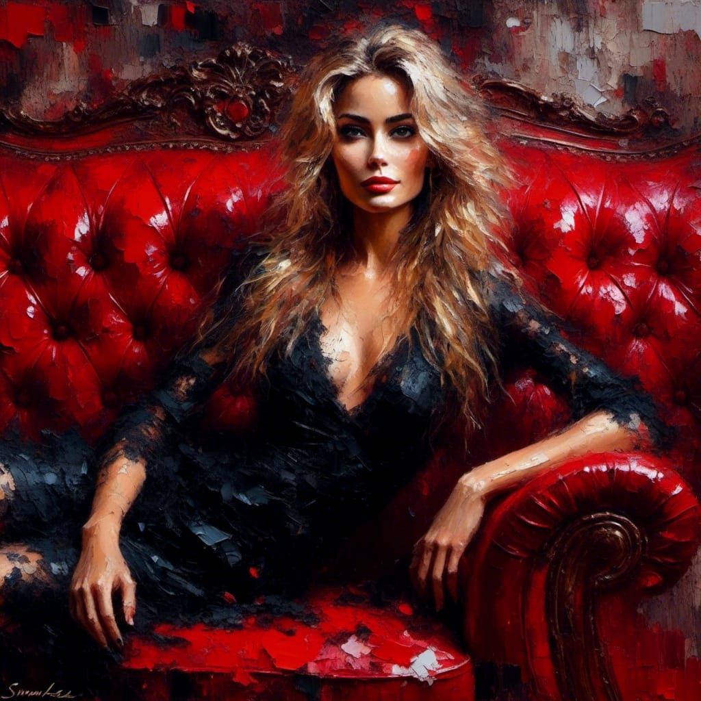 Confident Woman on Red Sofa: Impasto Oil Painting