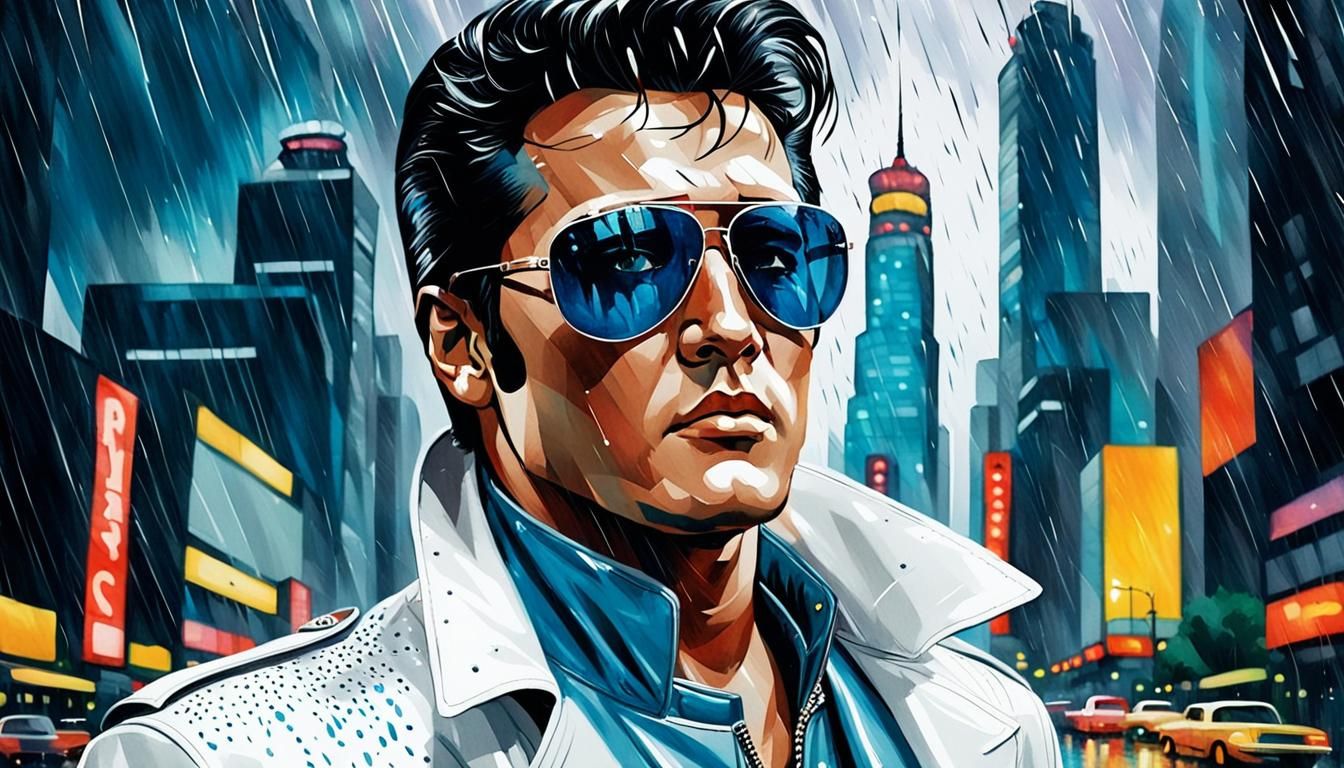 Elvis in Metropolis: Pop Art Watercolor Portrait