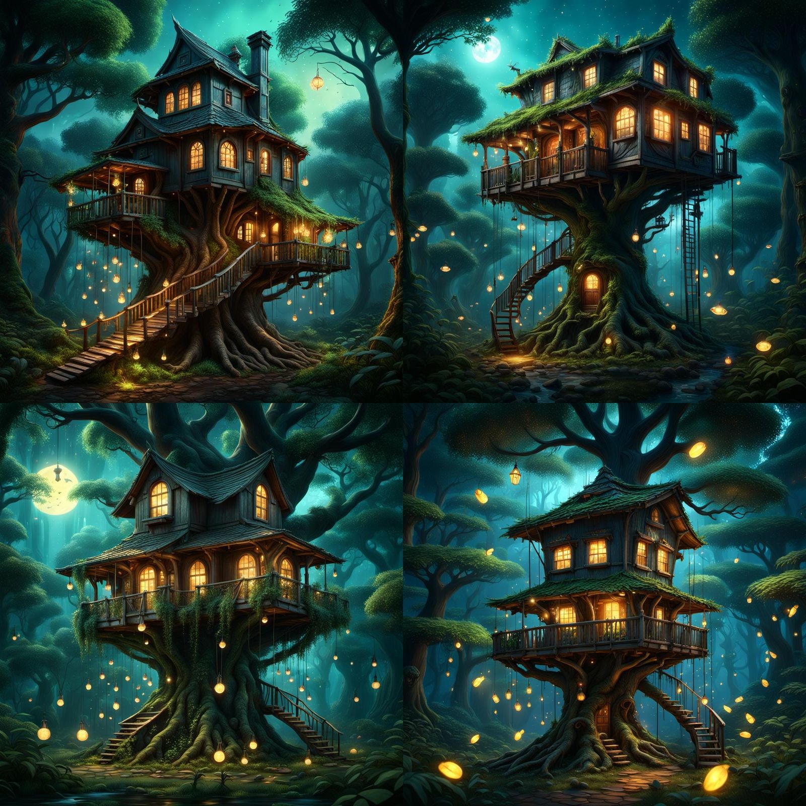 Mystical Treehouse Forest Aglow with Phoenix Fireflies