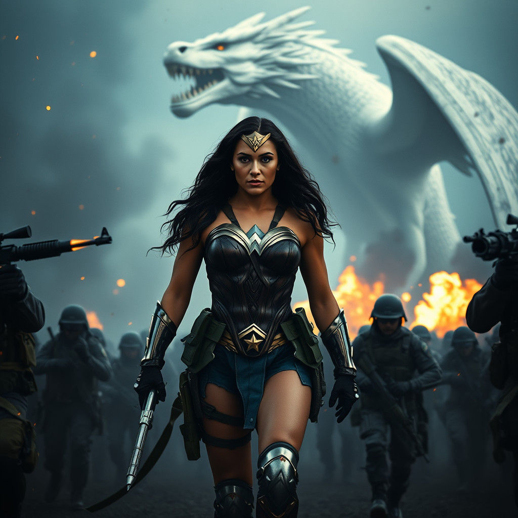 Wonder Woman in Military Suit Amidst War with Dragon