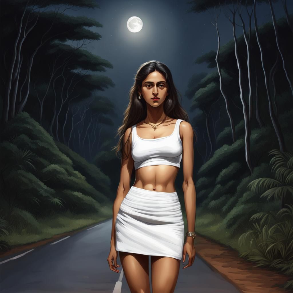Realistic Woman in Moonlit Forest with Spirits