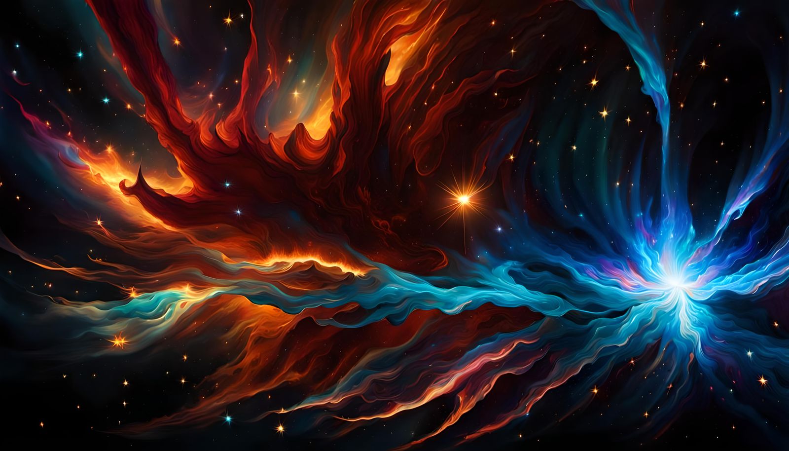 Flying Stars in Electrified Cosmos: Impasto Oil Painting