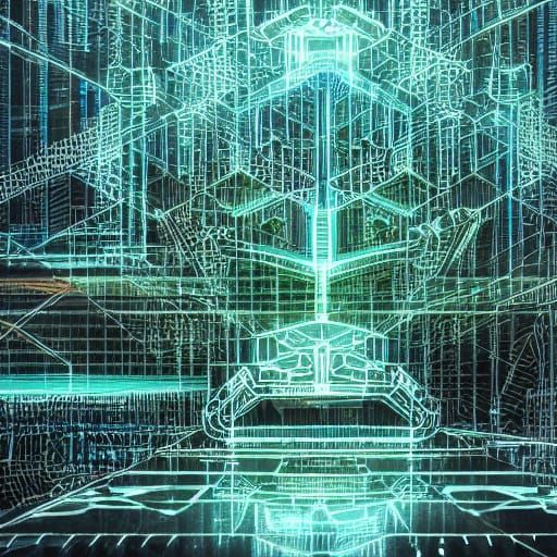 Robot in Digital Landscape with Glowing Circuits