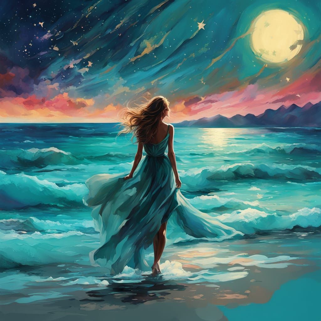 Breathtaking Beach Night with Girl in Watercolor Style