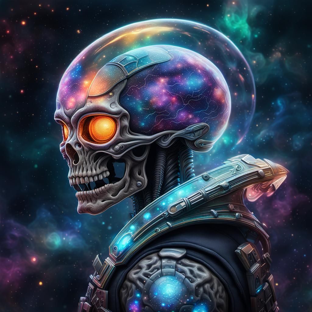 Alien Warrior with Transparent Skull in Cosmic Art