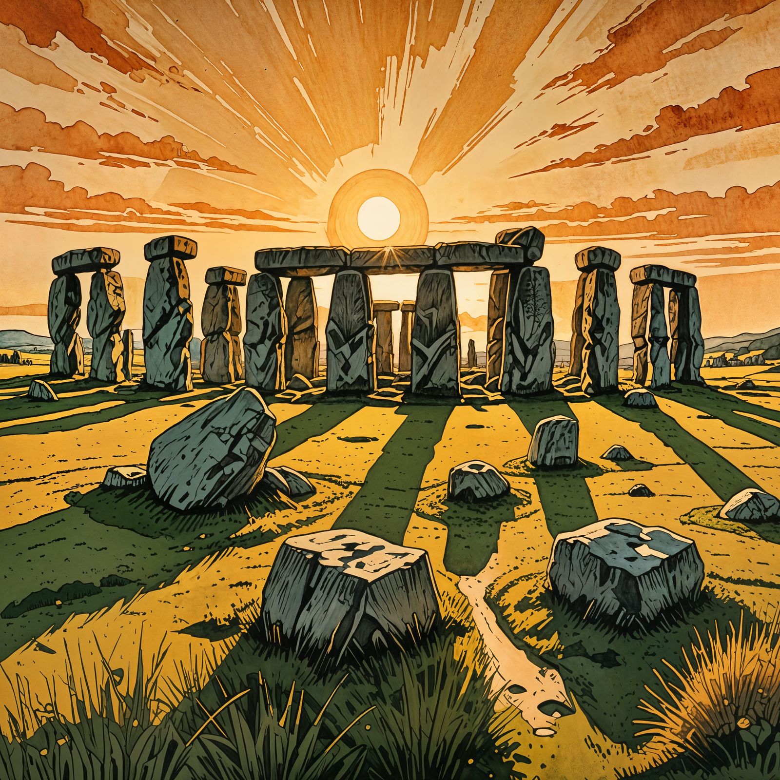 Stonehenge Sunset in Albrecht Durer Woodcut Style