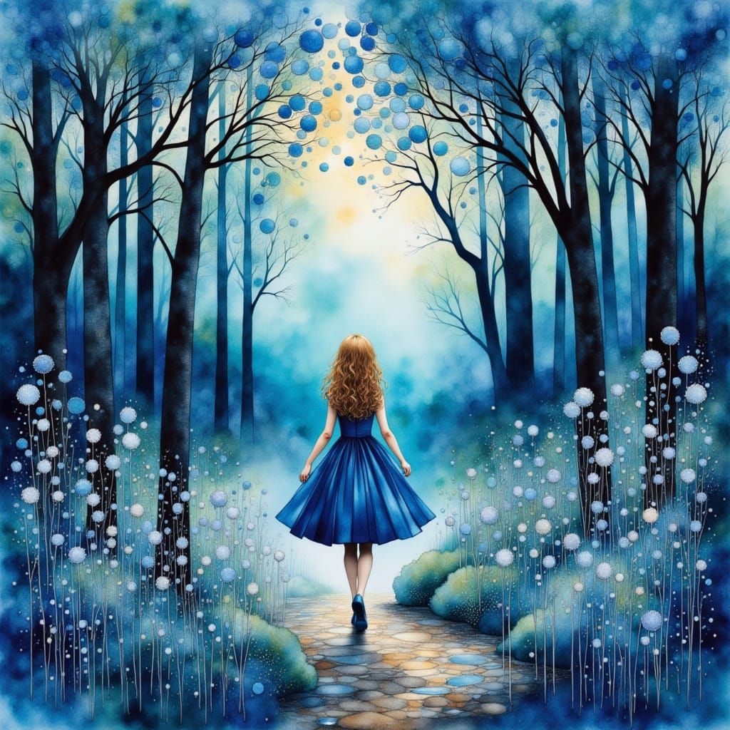 Ethereal Forest Scene with Girl in Blue Dress