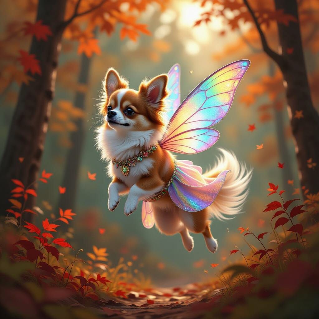 Chihuahua Fairy Flying Above Autumn Forest in Astral Style