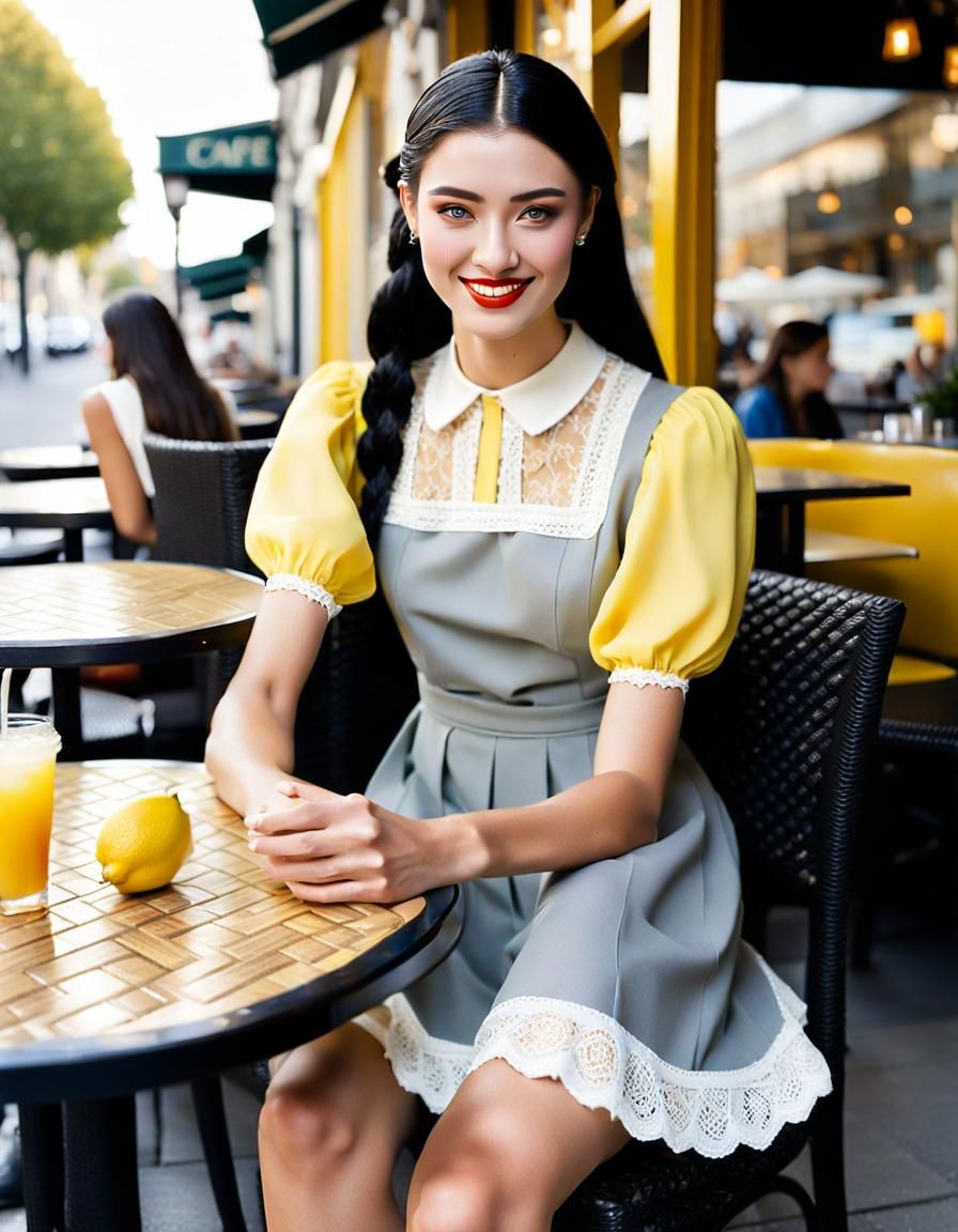 Young Woman in Yellow Minidress at Outdoor Café