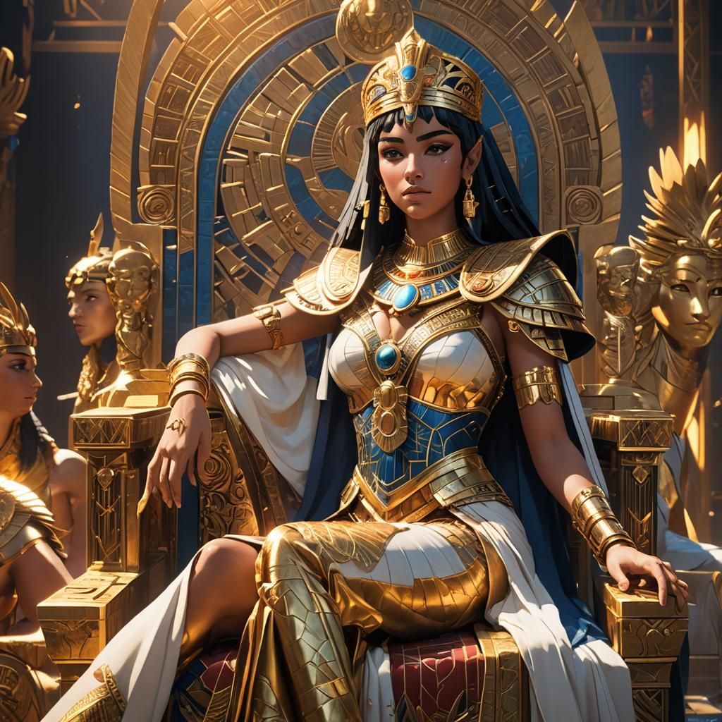 Cleopatra on Royal Throne: Anime-Inspired 3D Art