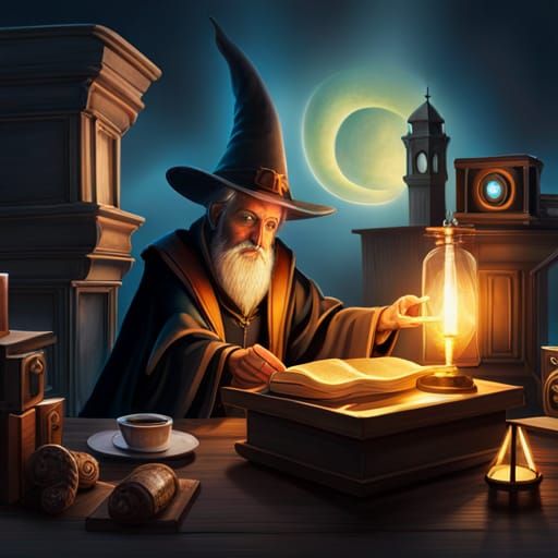 Fantasy Wizard Casting Spells in Stone Turret