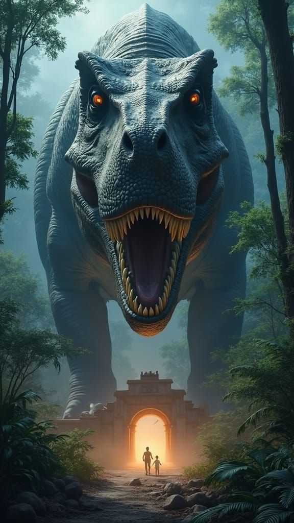 T-Rex Towering Over Jurassic Park in a Nostalgic Sci-Fi Illu...