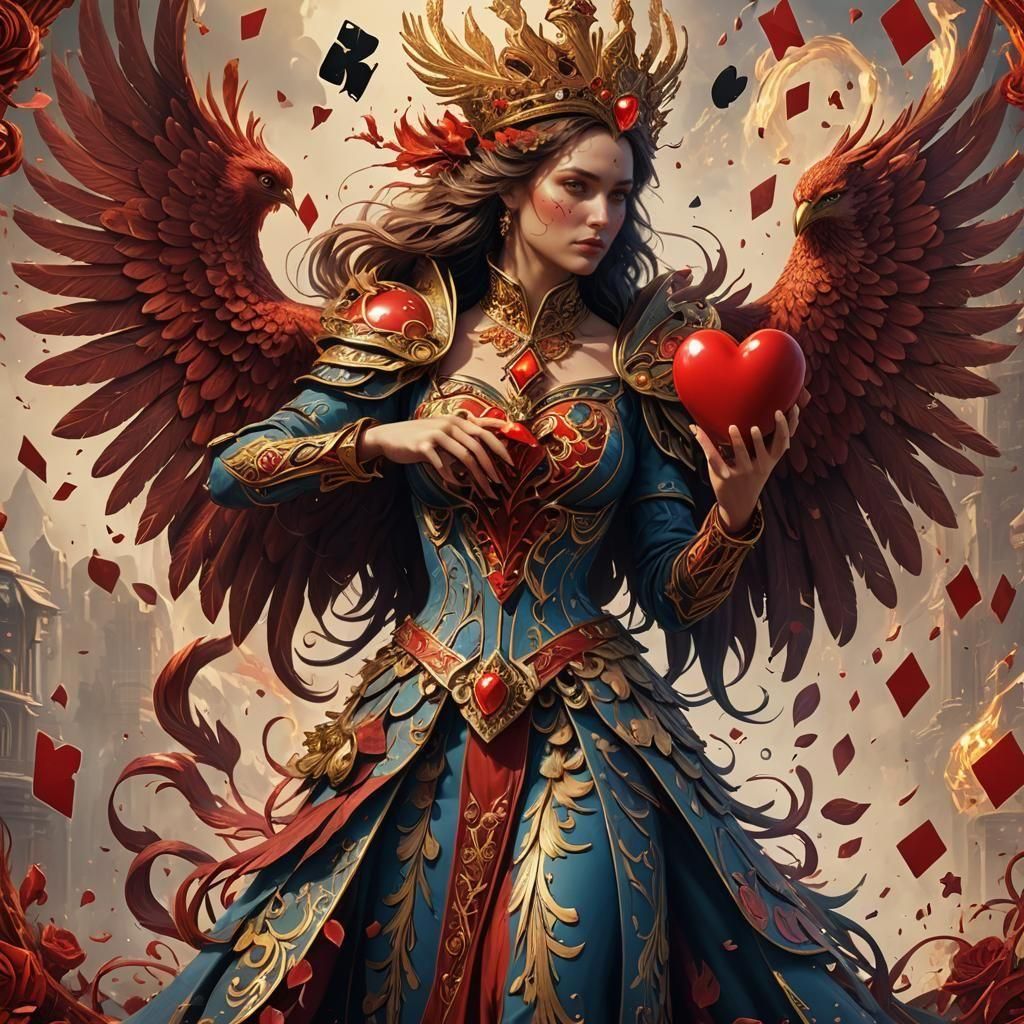 Phoenix with Queen of Hearts Card: Fantasy Art