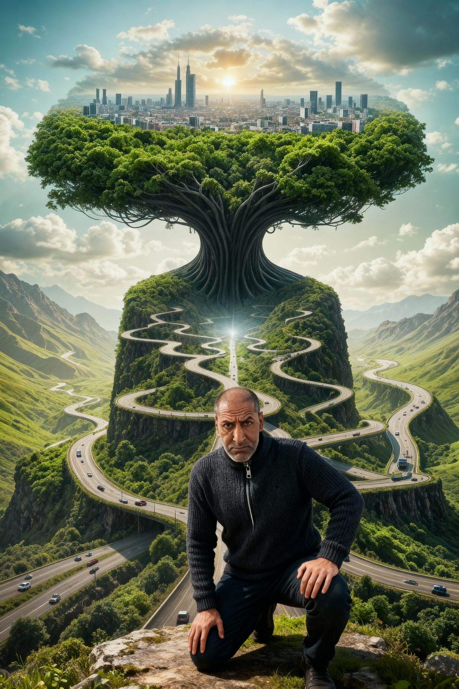 Man Kneels Solemnly, Looking at Camera with Raised Eyebrow