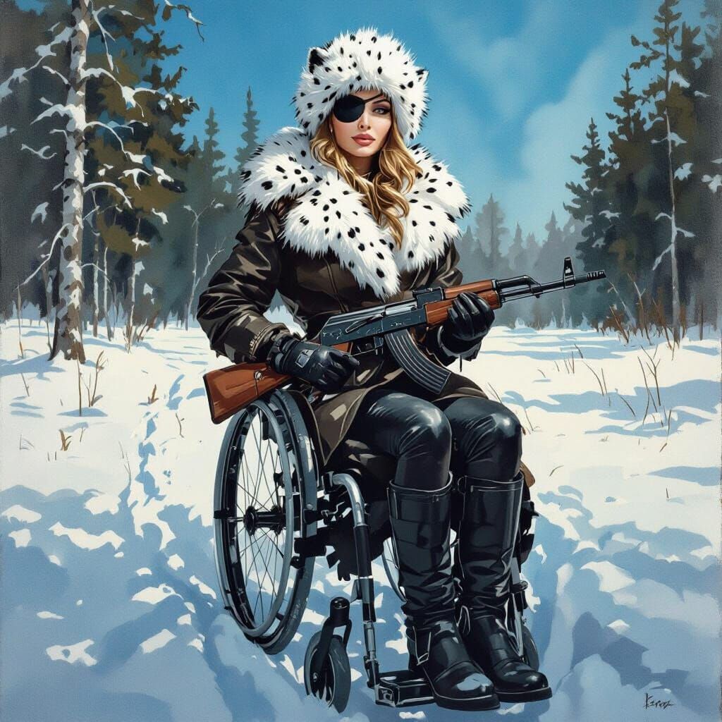 Impressionistic Woman Hunter in Snowy Woods Watercolor